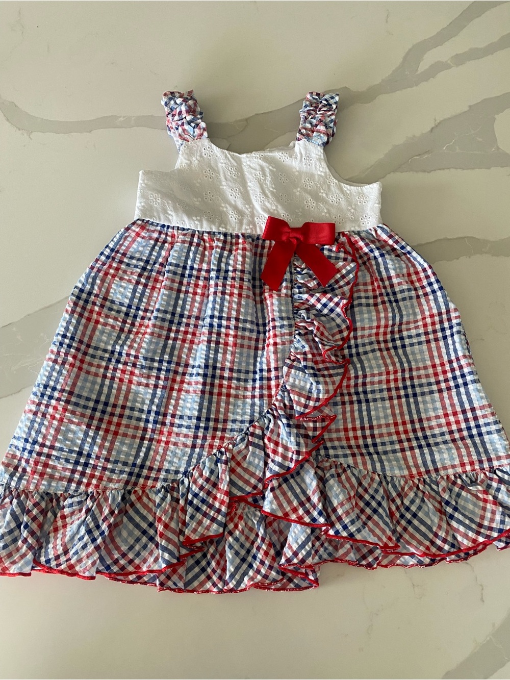 Bonnie Jean Seersucker Plaid Red Blue white eyelet lace 4th Ruffle Sundress USA